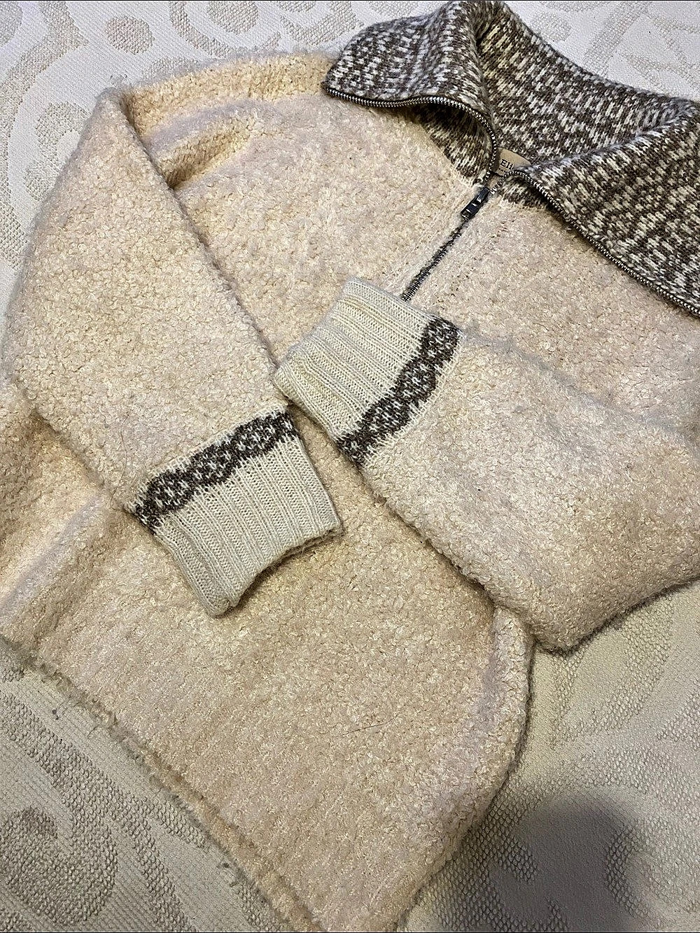 Elie Tahari Bouclé Quarter-Zip Sweater in Cream & Brown Medium Like New - Picture 5 of 9